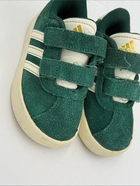 adidas Kids Dark Green Suede Velcro Sneakers with White Stripes